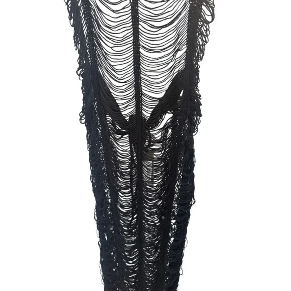 PrettyLittleThing Beach Dress Womens XXL Black Tassel Knit Plus Boho Distressed - Picture 4 of 13